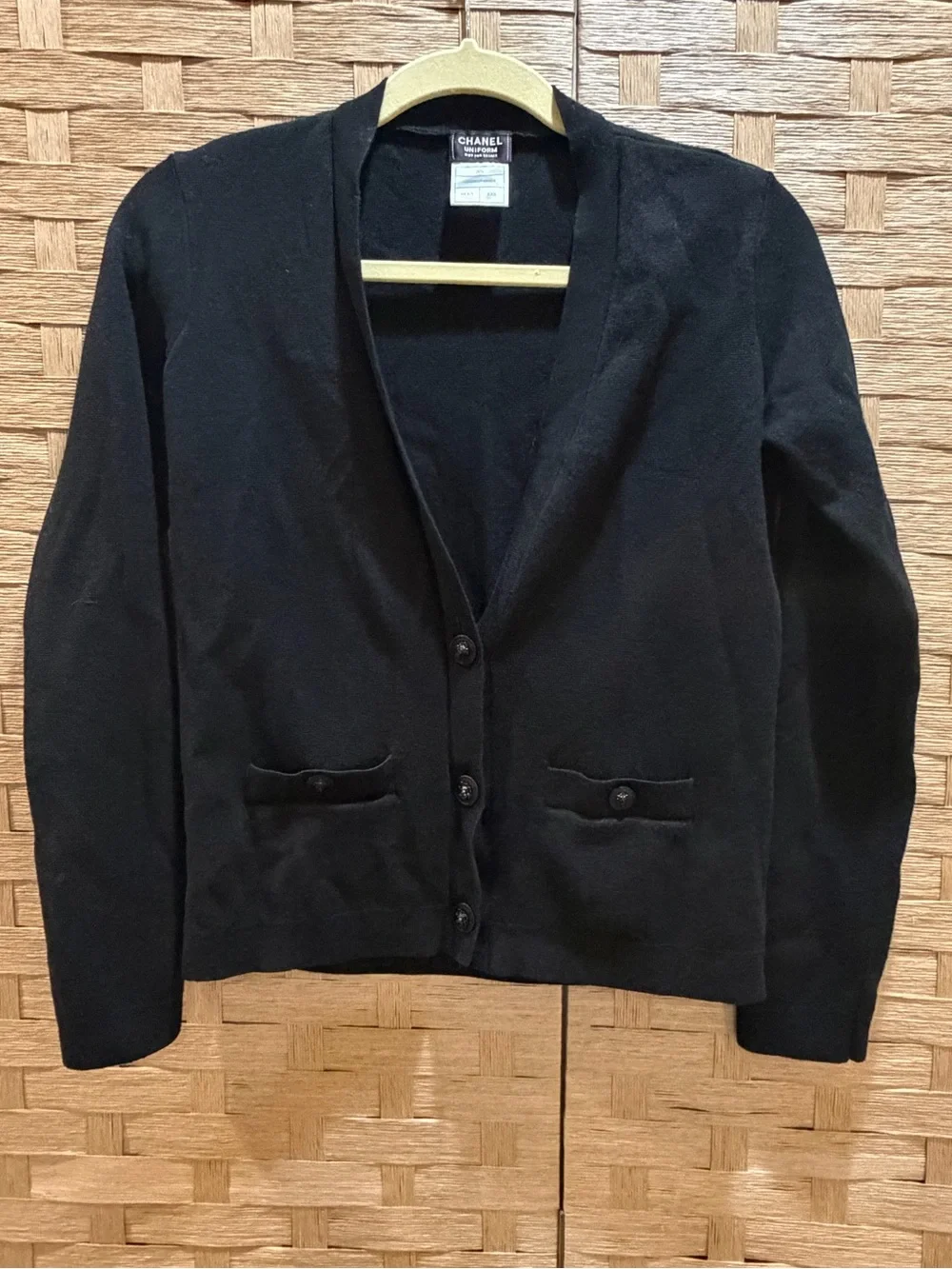 CHANEL Black V-Neck Button Front Cardigan Wool Cotton Uniform Quiet Lux Size XXS